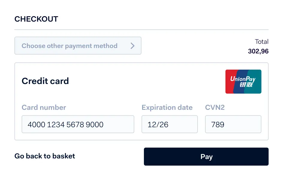 Ecrã de pagamento com opção de pagamento por cartão de crédito a mostrar UnionPay como método seleccionado