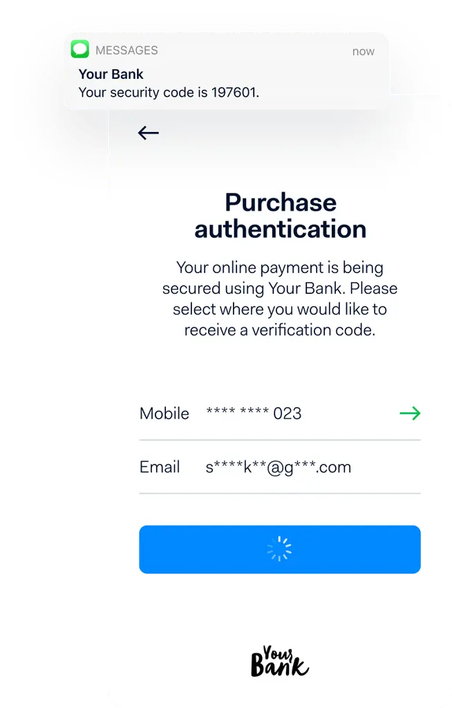 Smartphone screen displaying a purchase authentication message for a payment secured by a bank