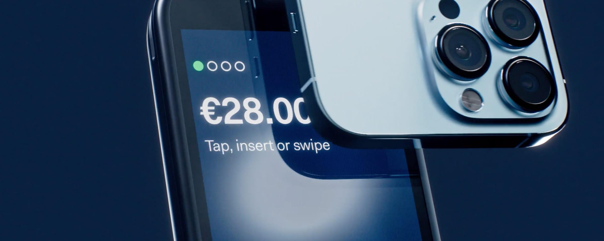 Smartphone with Adyen payment interface showing €28.00 with instructions to tap, insert, or swipe.