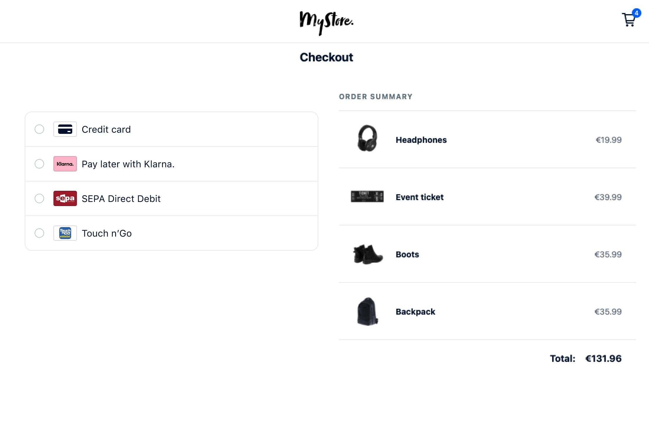 Checkout screen with payment options including credit card, Klarna, SEPA Direct Debit, and Touch n'Go.