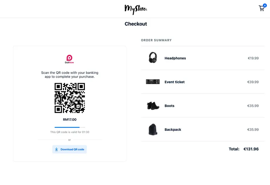 Checkout screen showing QR code payment option and order summary with various items.