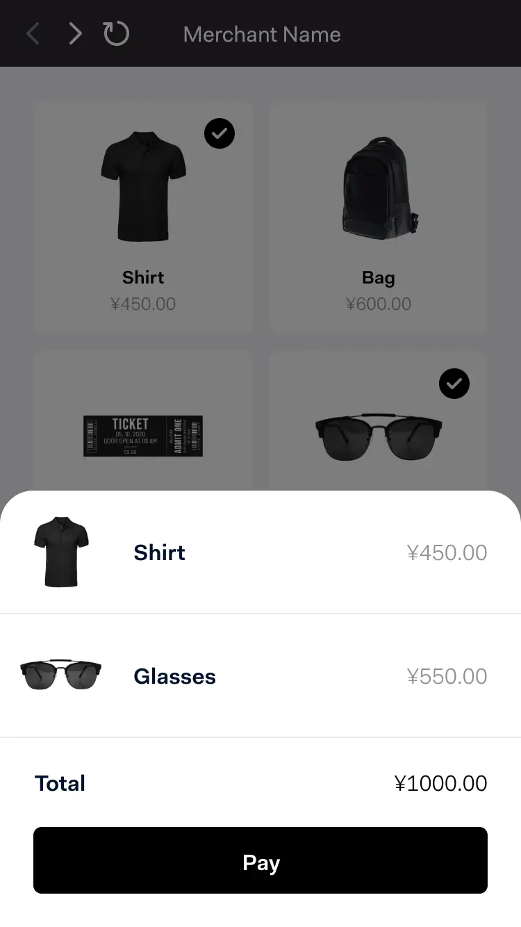 Mobile screen showing Adyen checkout interface with selected items: a shirt, a bag, and glasses, and a total payment of ¥1000.00.