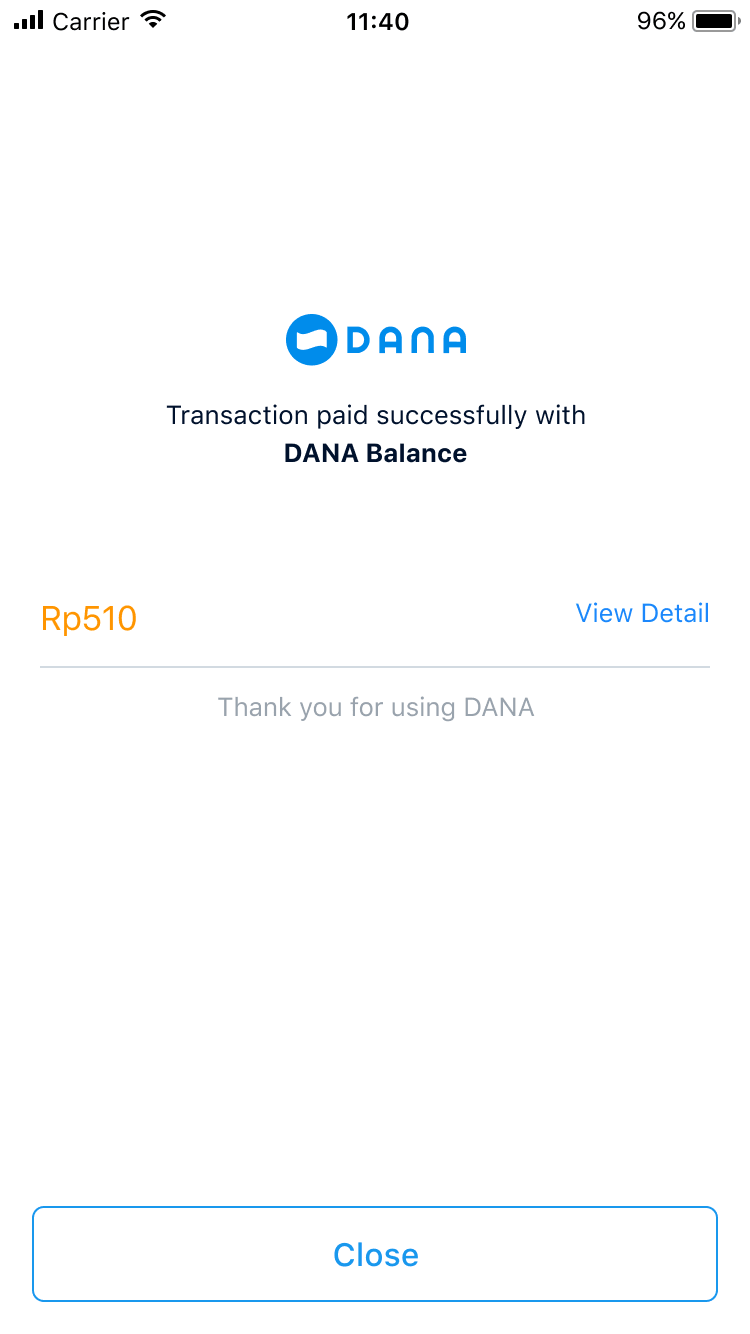 Successful payment confirmation screen displaying DANA Balance with transaction amount and options to view details or close.