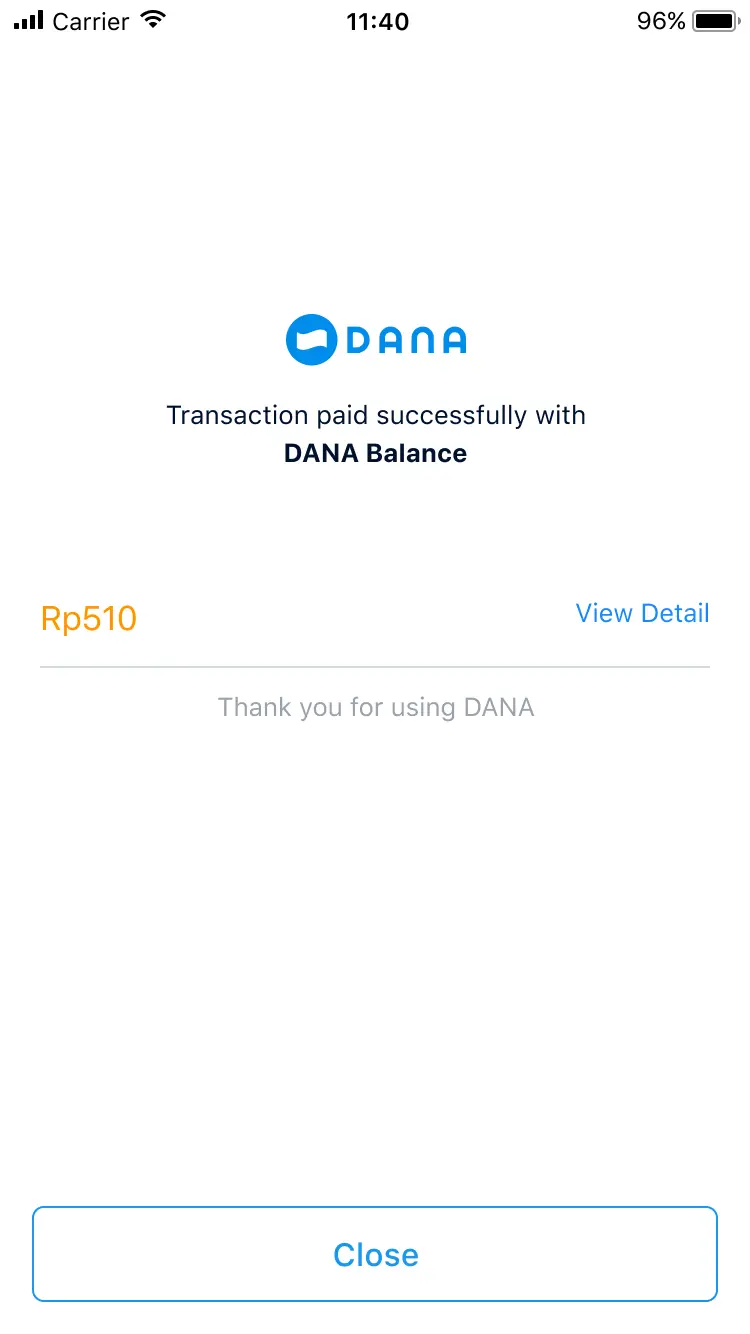 Successful payment confirmation screen displaying DANA Balance with transaction amount and options to view details or close.