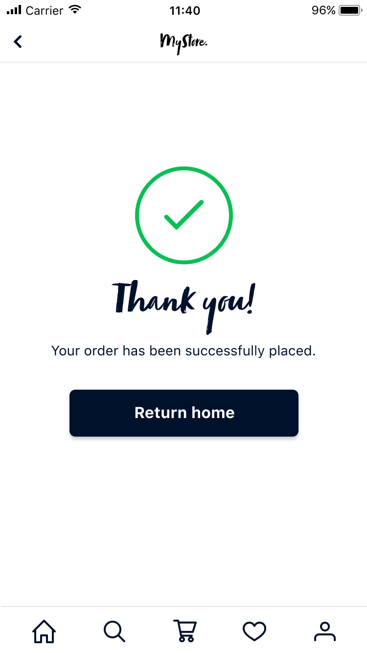 Mobile screen showing successful order placement with a green check mark and 'Return home' button.