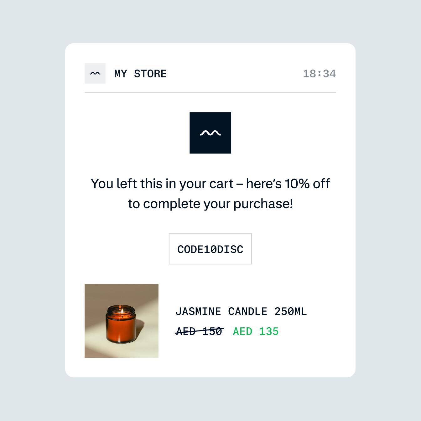 An abandoned cart pop up, encouraging the customer to complete the sale with a discount code.