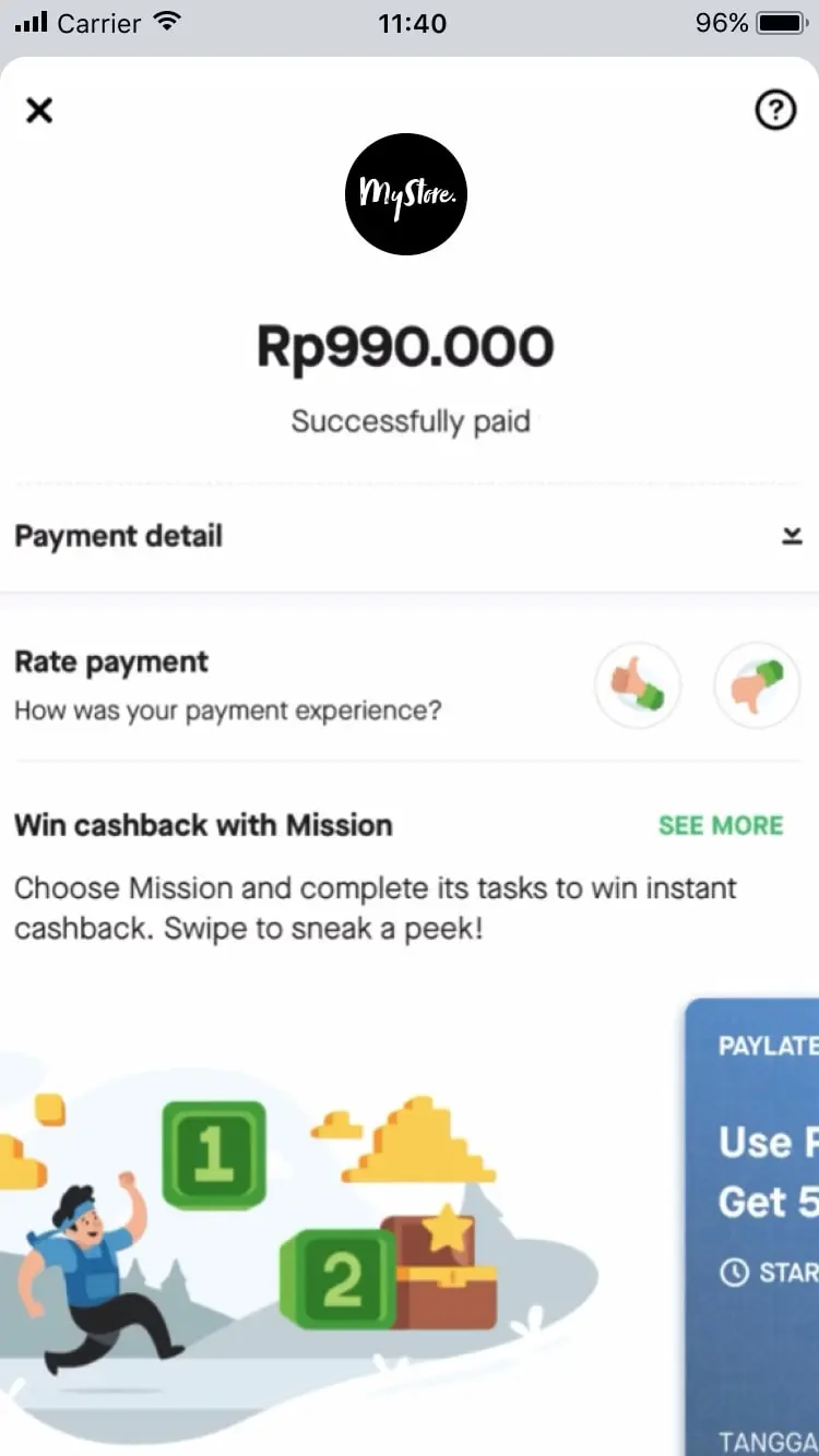 Écran de confirmation de paiement mobile avec statut de paiement réussi et options pour noter le paiement et gagner de l'argent.