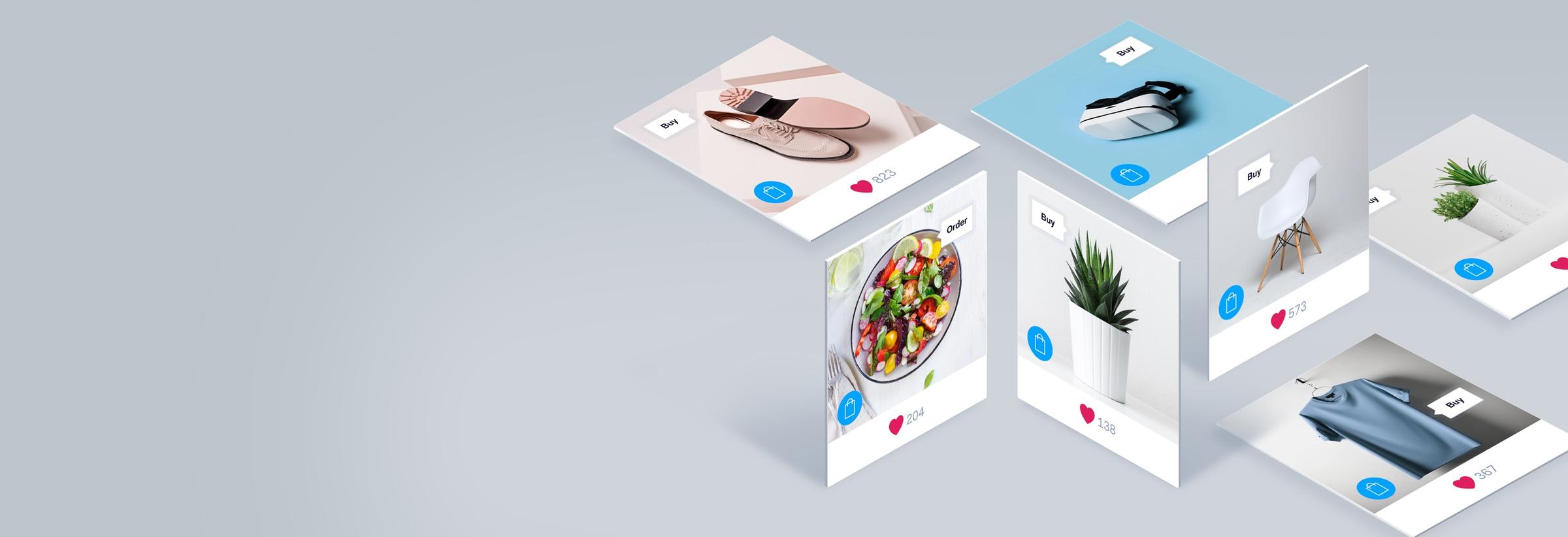 Cartes numériques flottantes affichant une variété de produits avec des boutons 'acheter' et 'aimer' sur un marché numérique.