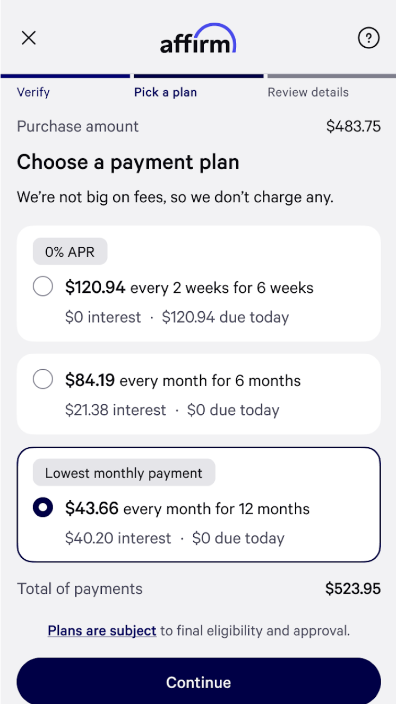 Affirm and ACME RETAIL co-branded screen showing payment options over various months with APR rates.