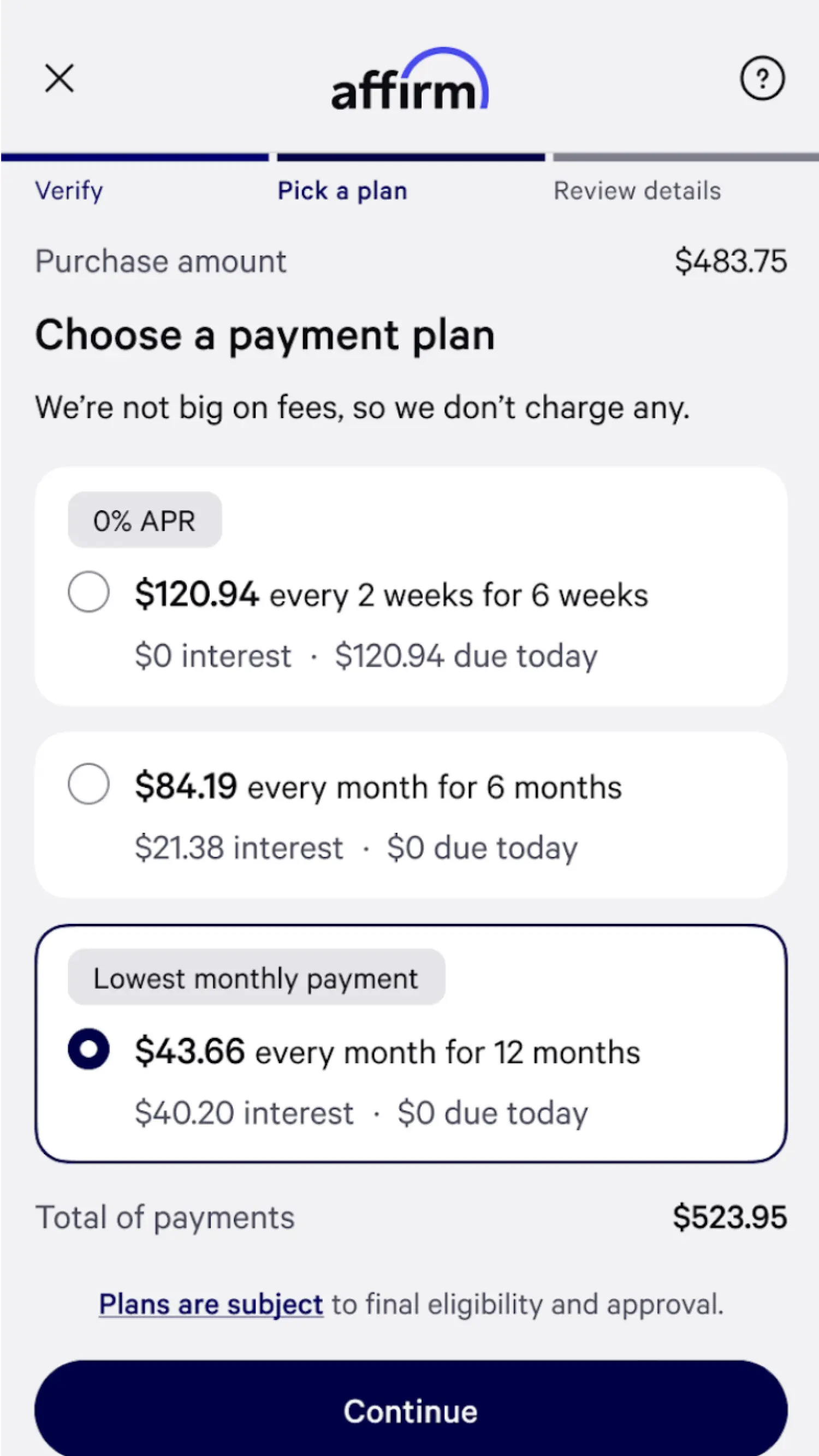 Affirm and ACME RETAIL co-branded screen showing payment options over various months with APR rates.