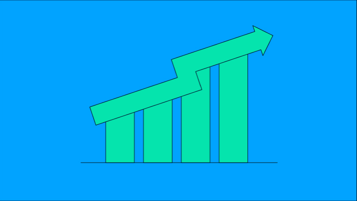 Gráfico de barras verde ascendente con flecha apuntando hacia arriba sobre fondo azul.