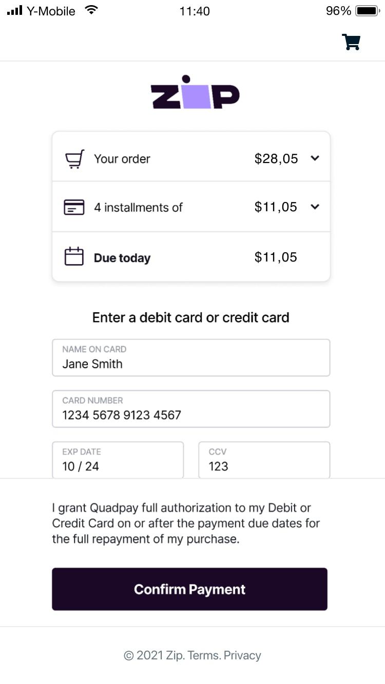 Mobile payment screen showing installment details and card information fields for Zip service.