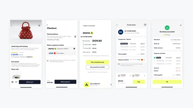 Screenshots demonstrating Atome's UI for product selection, checkout, payment options, and confirmation.
