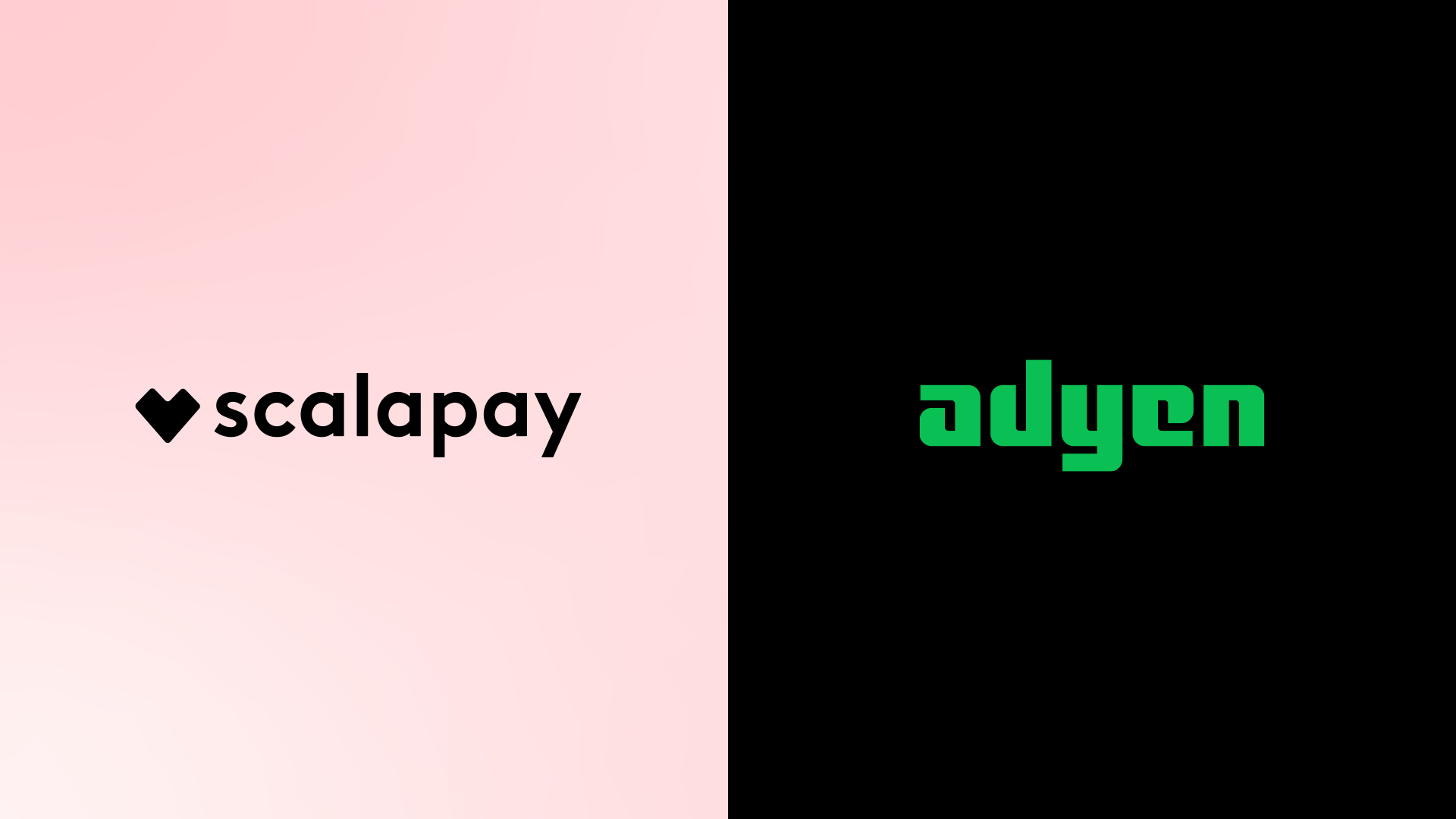 Loghi Adyen e Scalapay su uno sfondo diviso