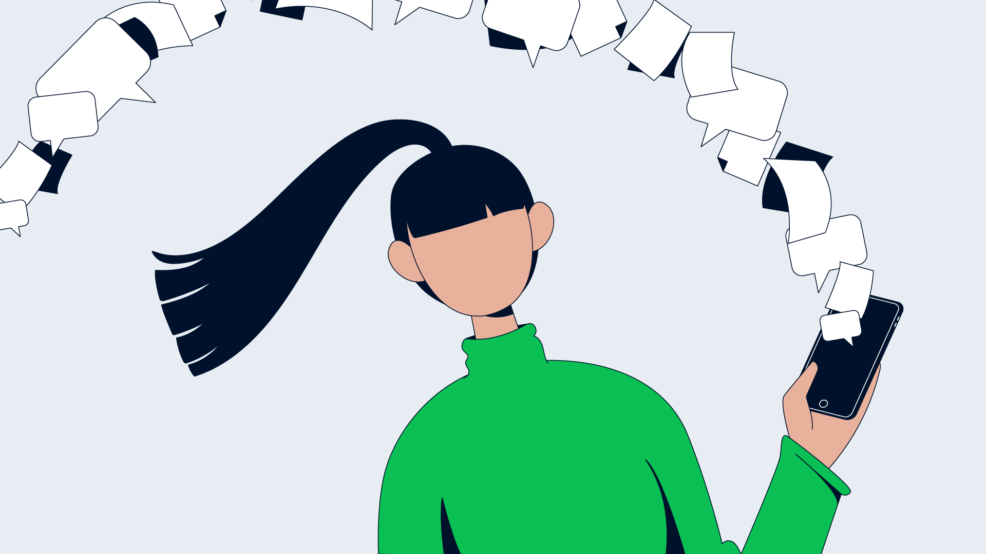 Illustration of a person holding a smartphone with speech bubbles around.