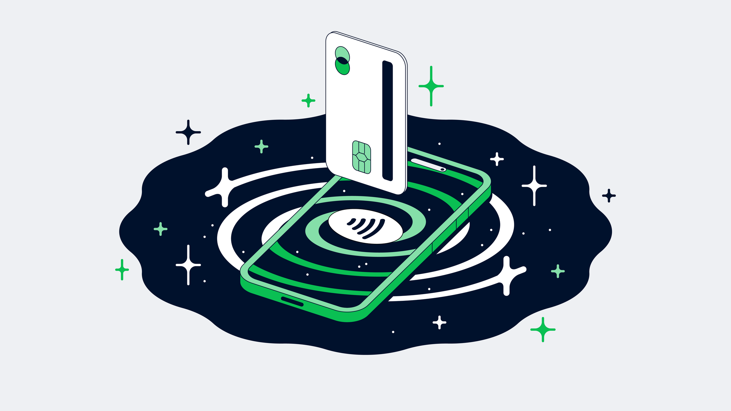 Smartphone with NFC technology symbolizing contactless payment on a cosmic background.