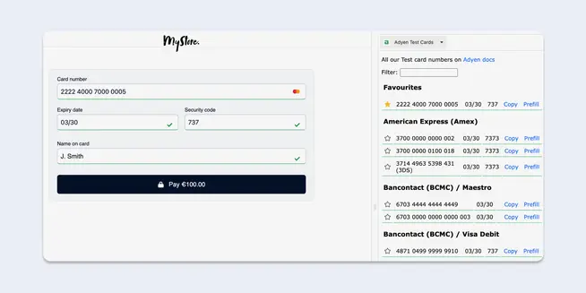 Screenshot showing a payment interface with a filled-out credit card form and Adyen test card list.