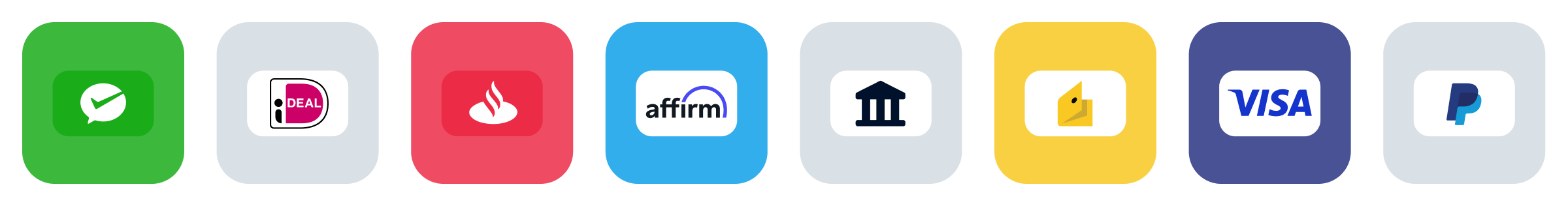 Varios iconos de métodos de pago, incluyendo marca de verificación, iDEAL, Santander, Affirm, banca, Alipay, VISA y PayPal.
