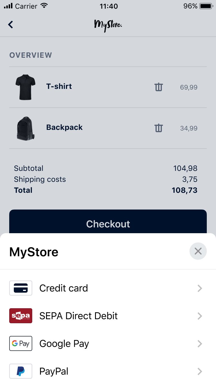 Mobile shopping cart with a T-shirt and backpack listed, showing total price and checkout button with payment options including Google Pay and PayPal.