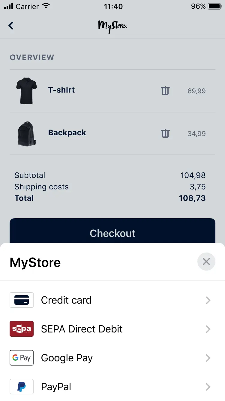 Mobile shopping cart with a T-shirt and backpack listed, showing total price and checkout button with payment options including Google Pay and PayPal.