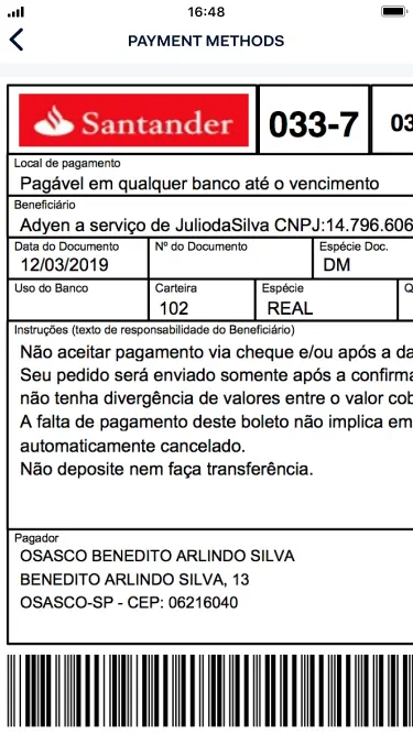 Adyen's Brazilian payment slip for processing transactions.