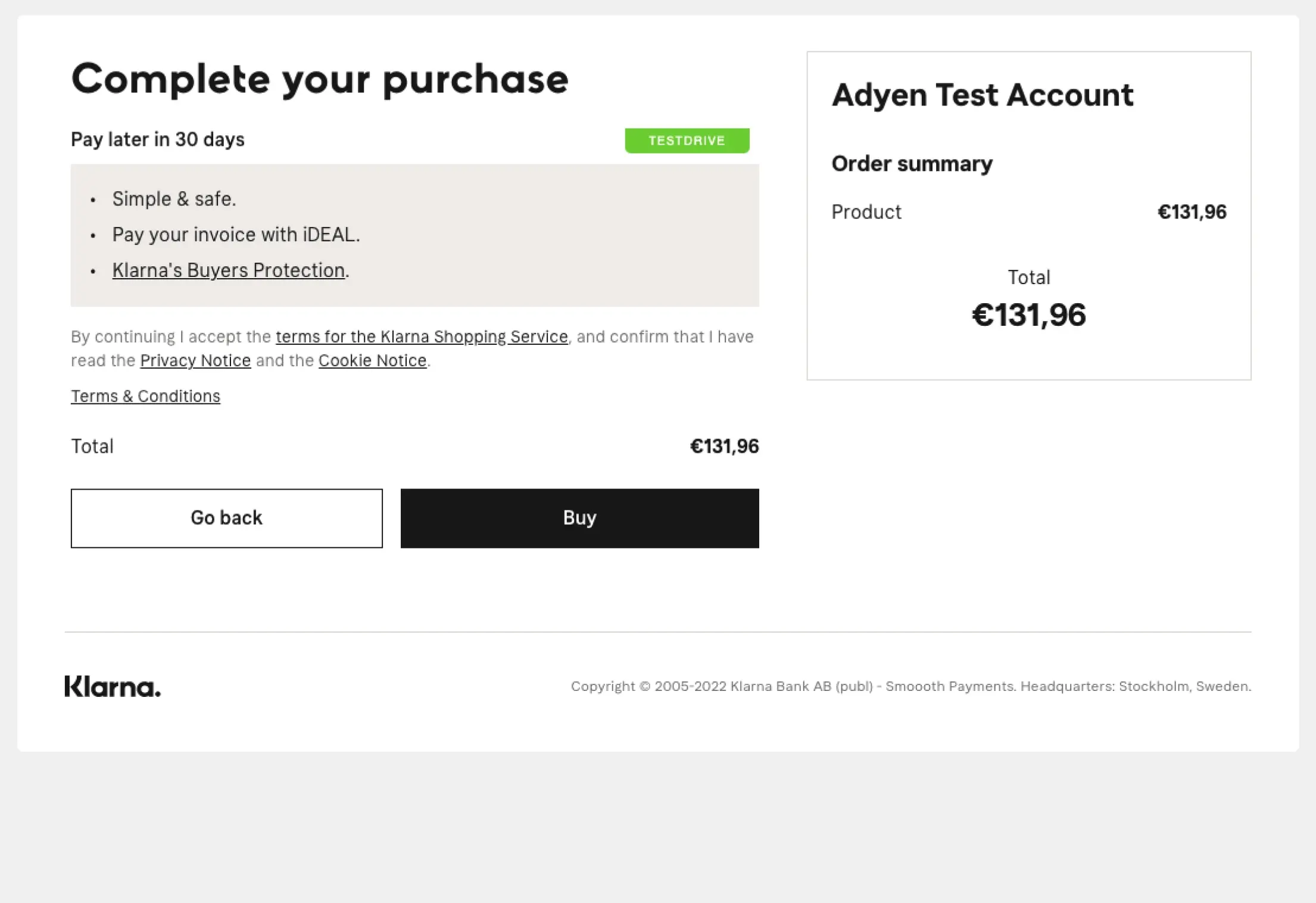 Checkout screen with Klarna payment option and Adyen Test Account order summary showing a total of 131.96.
