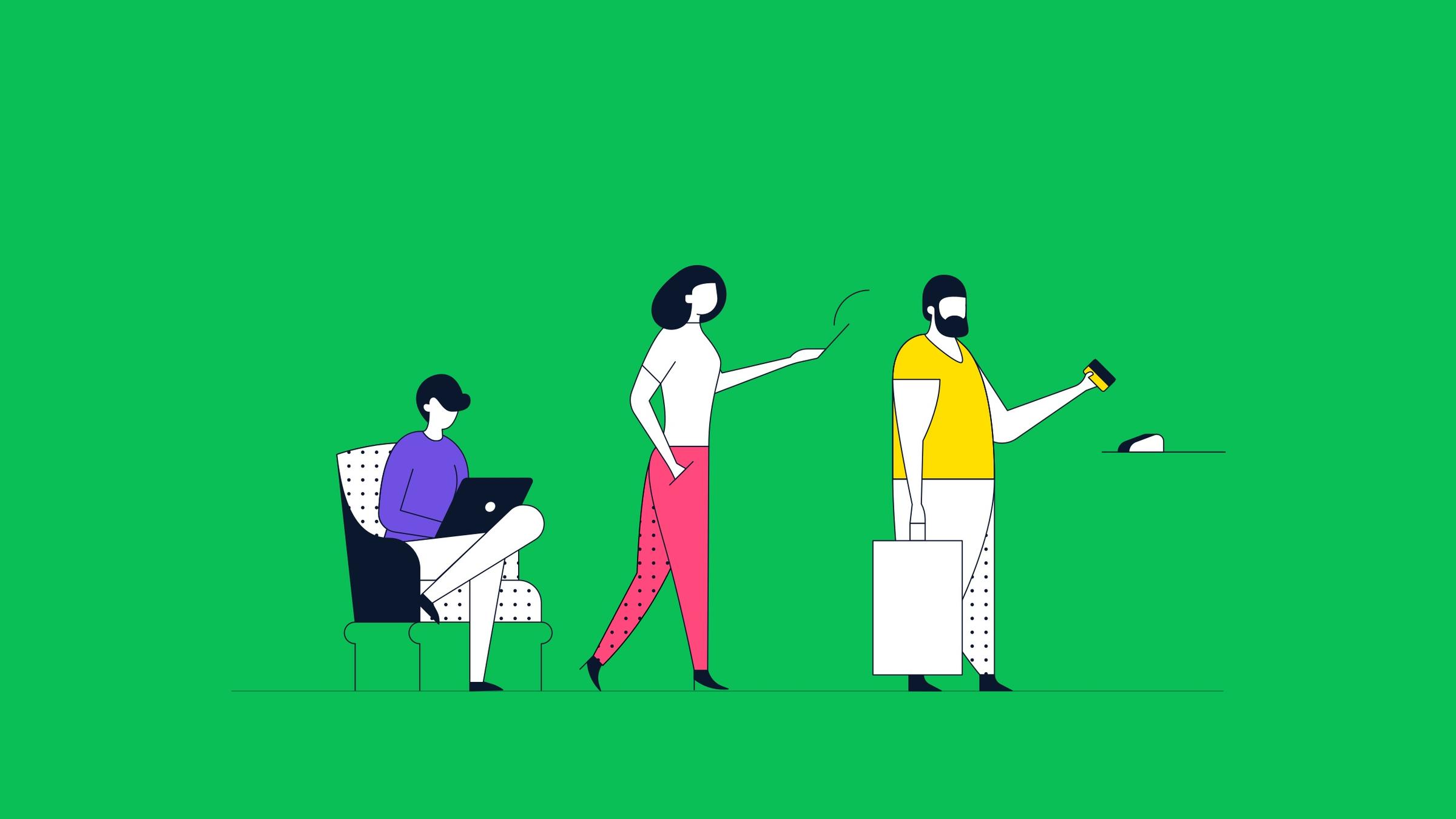 Tři stylizované postavy, jedna s notebookem, druhá učí a třetí provádí bezkontaktní platbu.