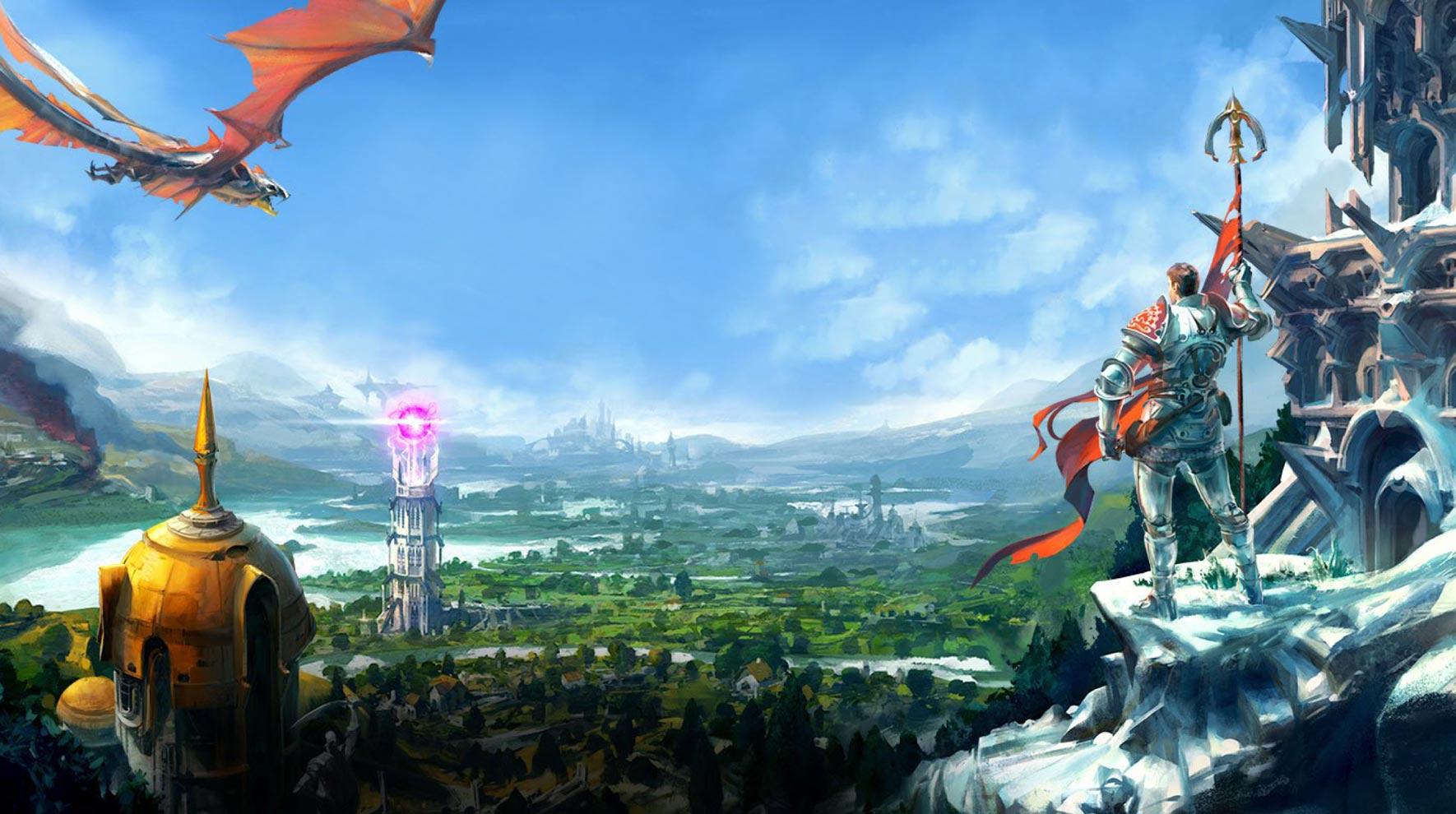 Fantasy landscape with a dragon in the sky and an armored knight overlooking a valley.