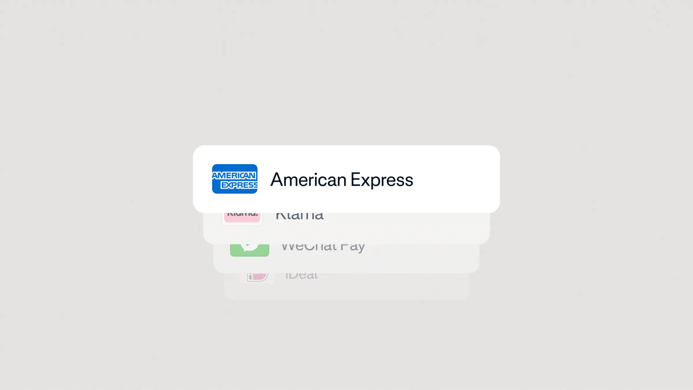 Payment options menu with American Express highlighted.