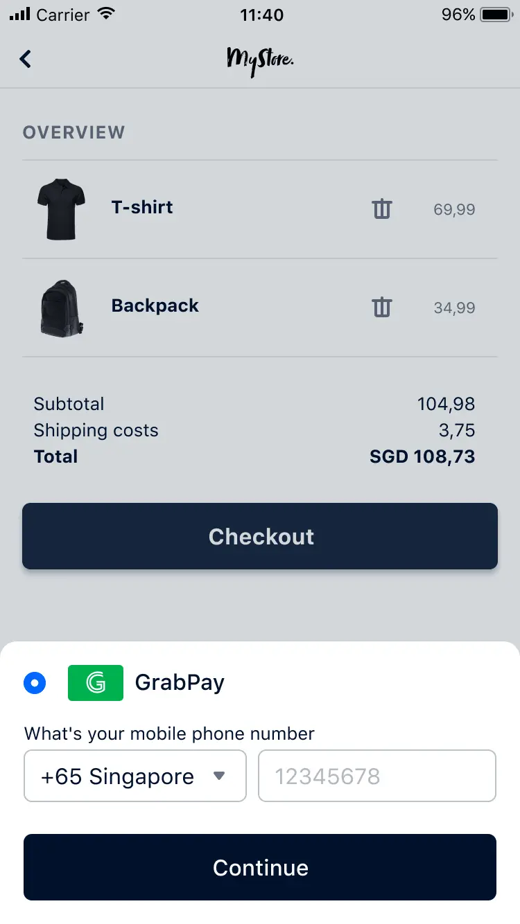 Mobile shopping cart with t-shirt and backpack listed, showing total price in SGD and a GrabPay payment option.