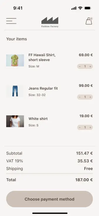Mobile screen displaying a fashion store's shopping cart with a list of items and prices, subtotal, VAT, and total cost.