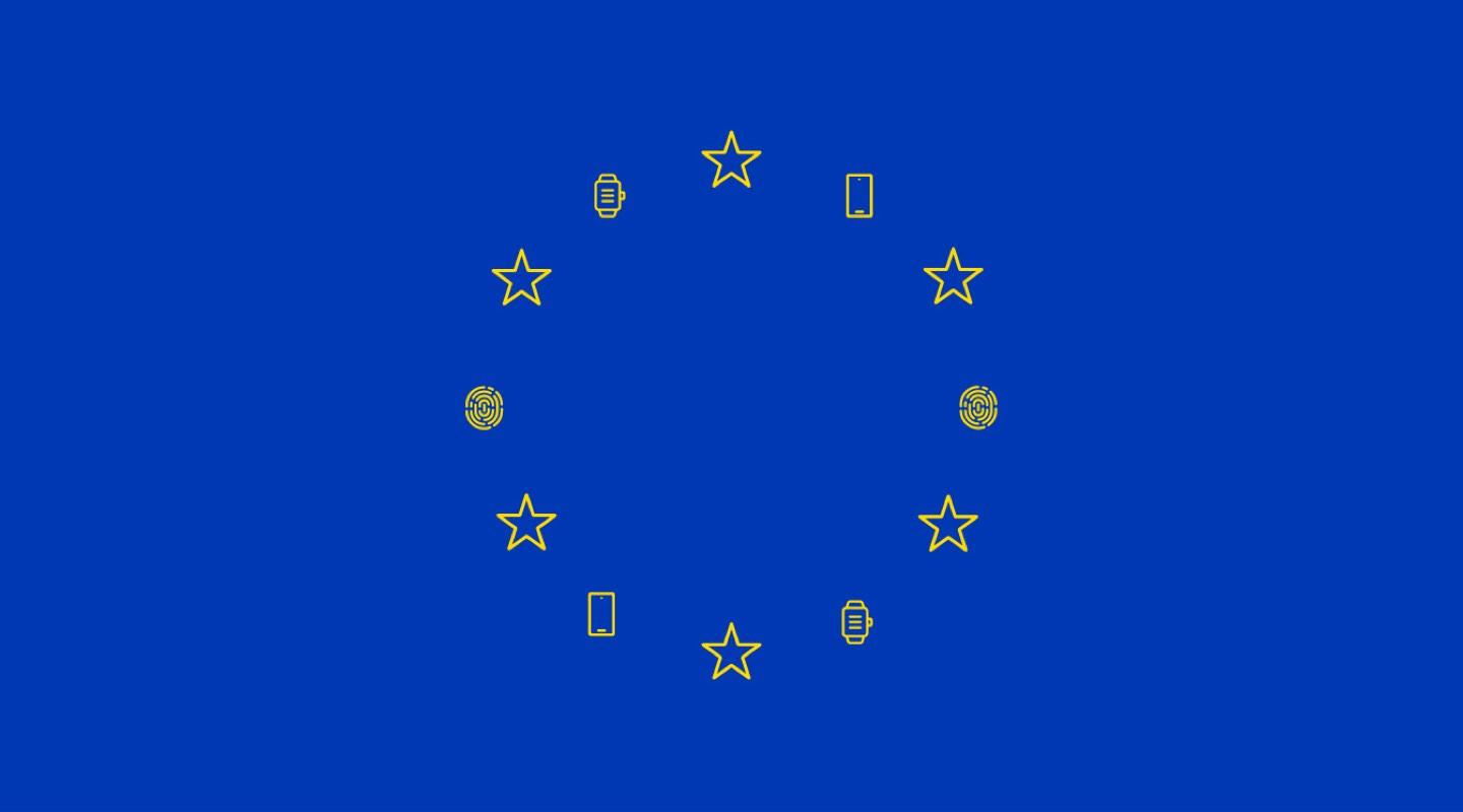 Europeiska unionens flagga prydd med ikoner som representerar Adyen-betalningslösningar