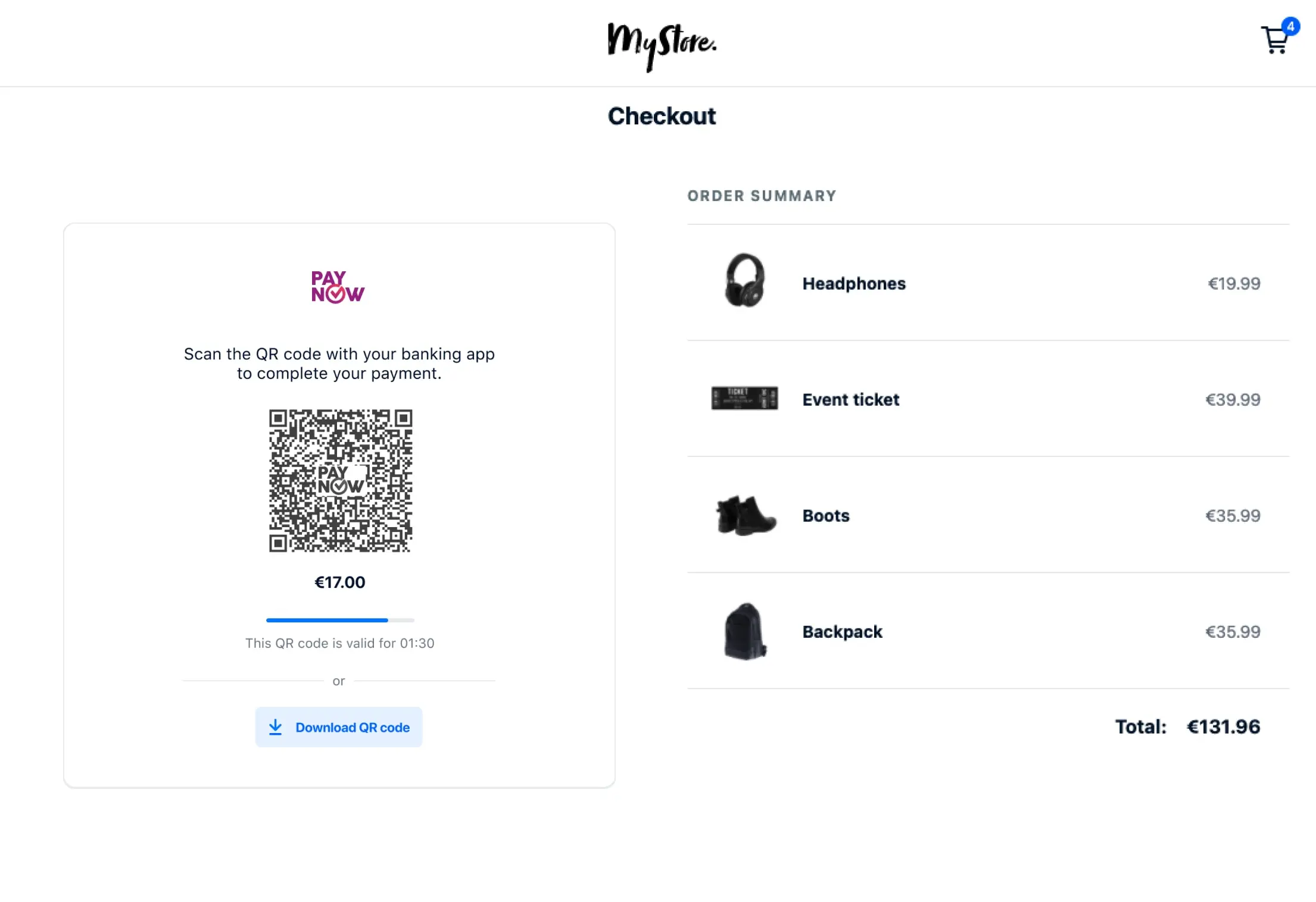 Checkout screen with QR code for payment with items listed including headphones, event ticket, boots, and backpack totaling 131.96.