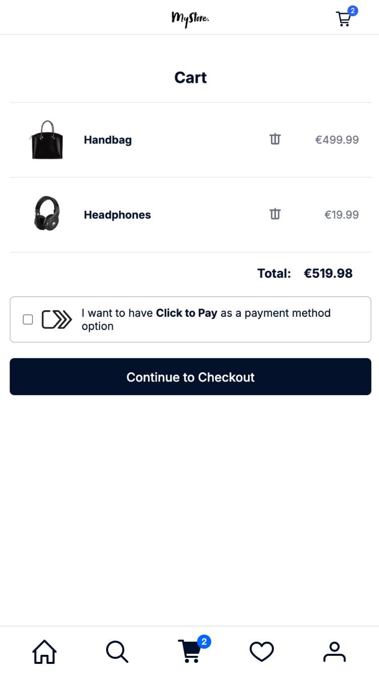 Mobile screen displaying a checkout page with headphones in the cart priced at €19,99.