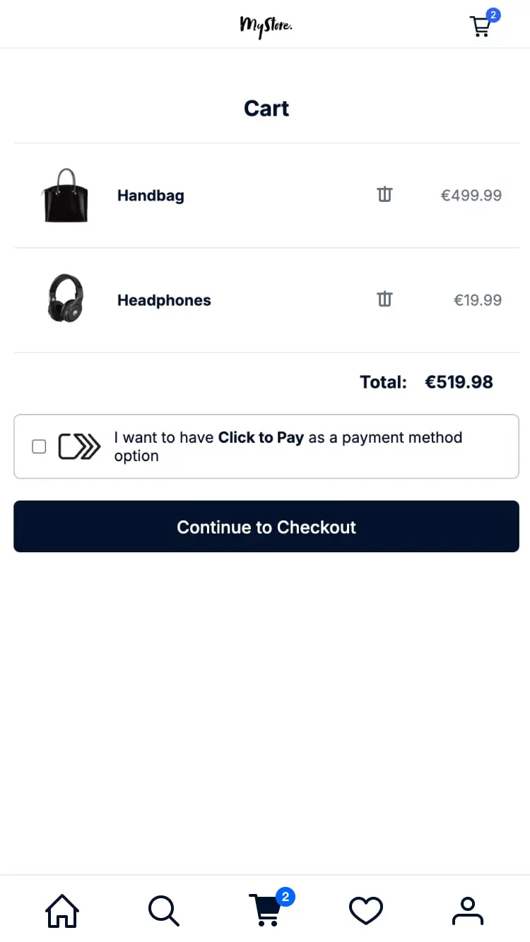 Mobile screen displaying a checkout page with headphones in the cart priced at 19,99.