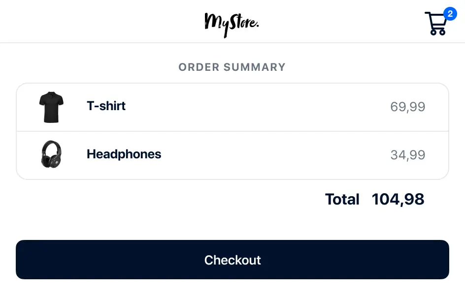 Online shopping cart with a T-shirt and headphones listed with prices and a total of 104,98.