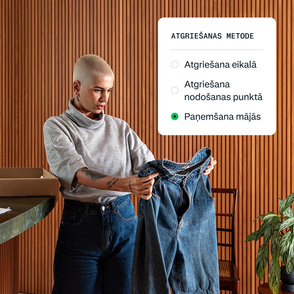 A woman looking at jeans with an overlay of a popup screen with return method options.