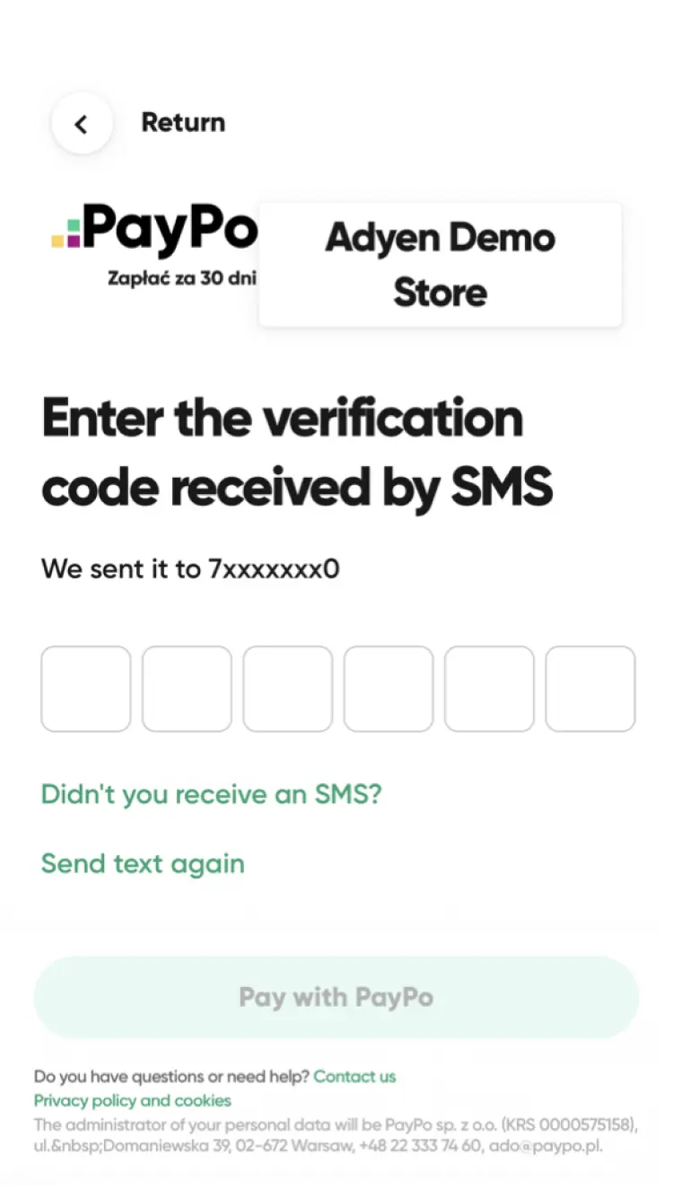 Mobile screen showing Adyen Demo Store interface for SMS verification code entry.