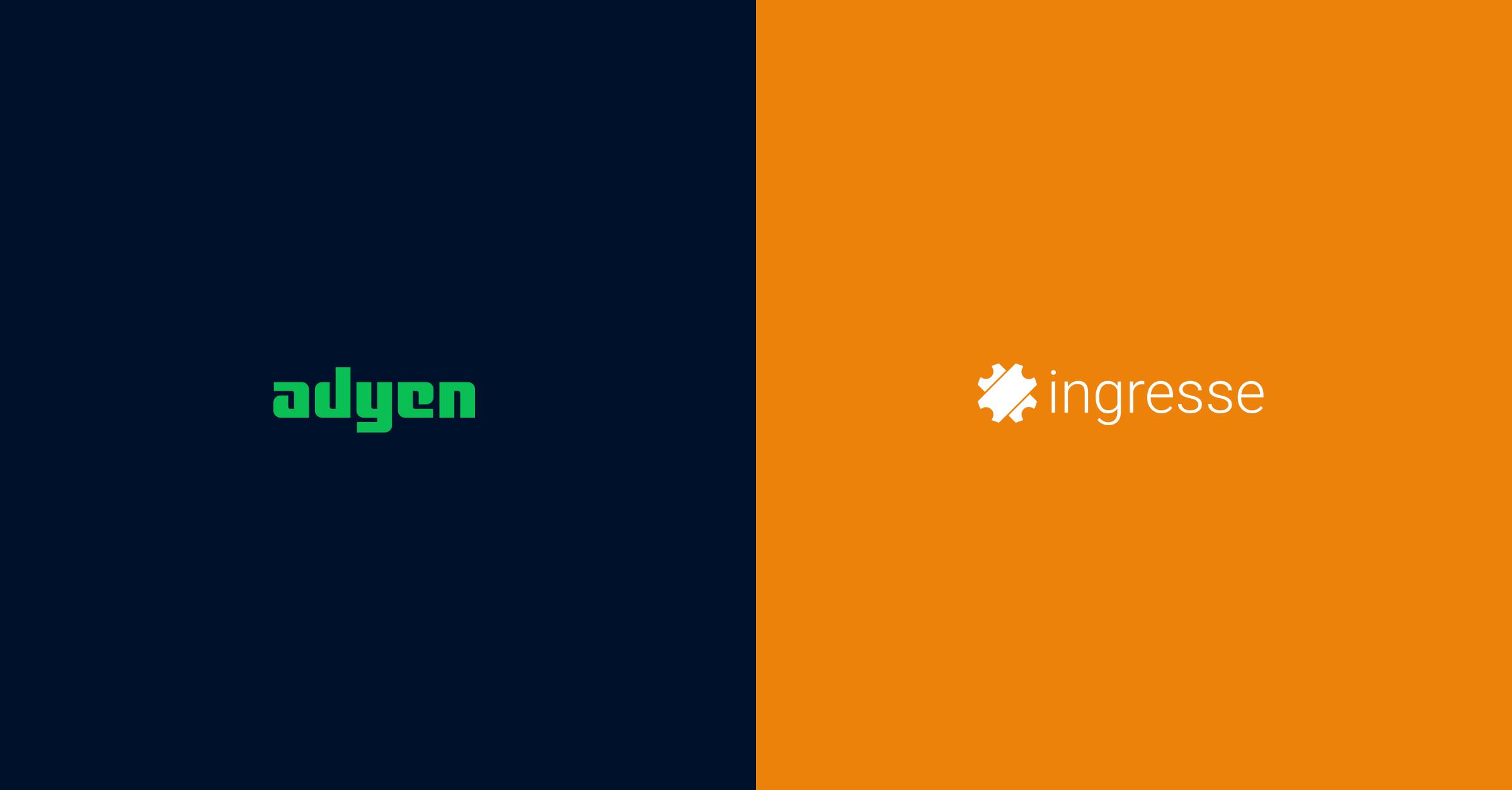 Ingresse e Adyen logotipos em um fundo dividido