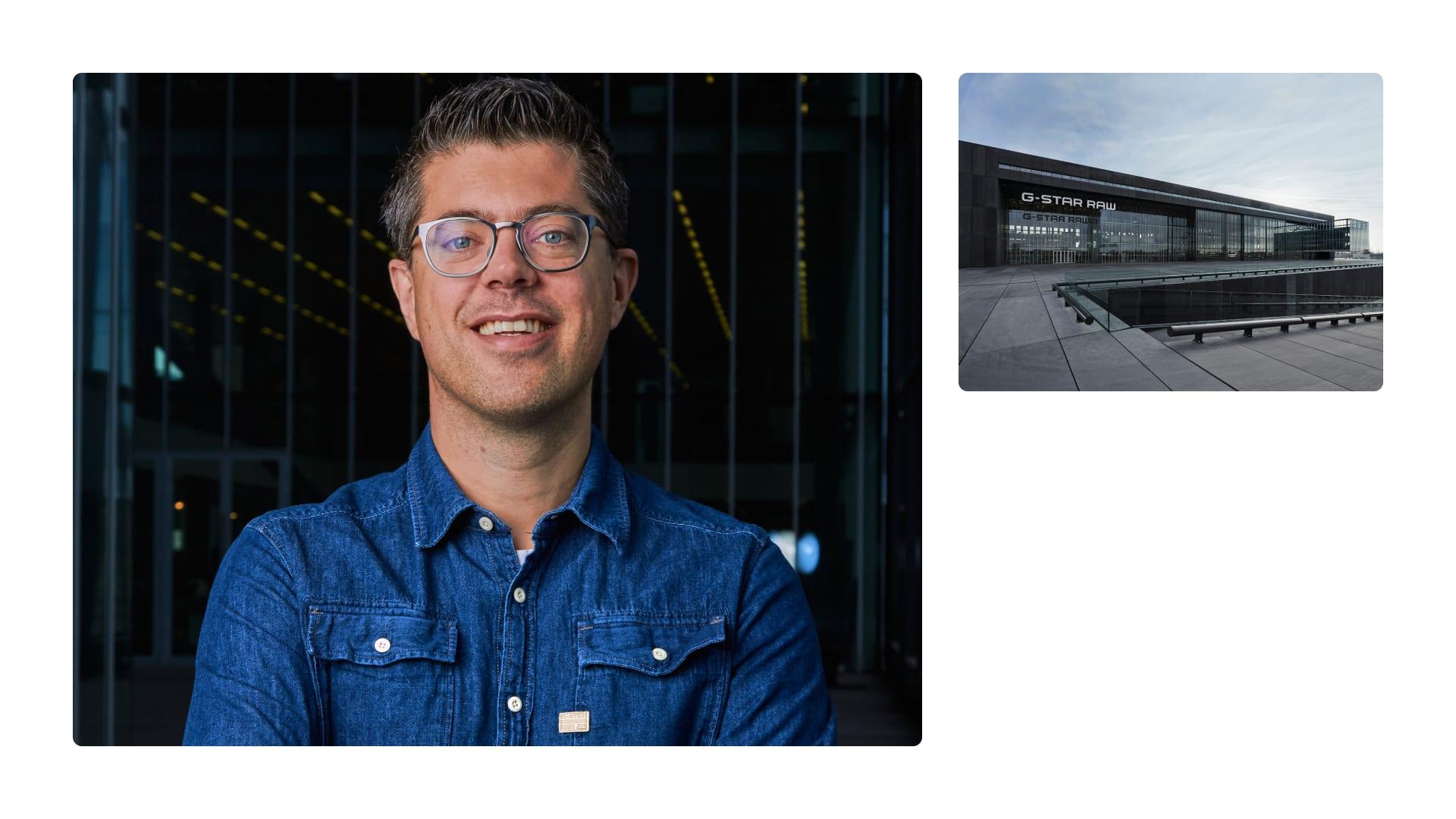 Foto av Arn Knol, kommersiell direktør i G-Stars e-handelsgruppe og et bilde av G-Stars kontor