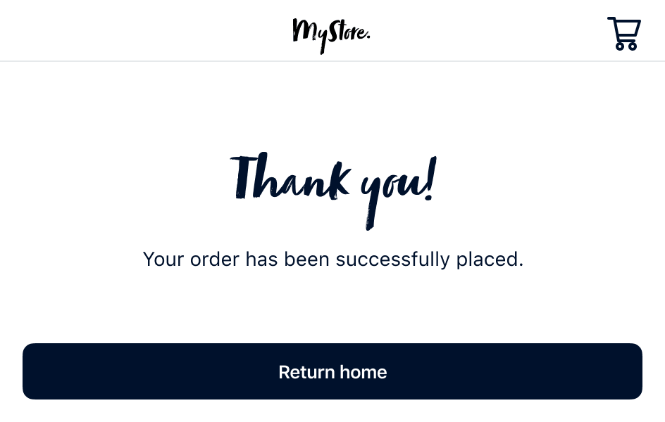 Thank you message on a web page confirming successful order placement with a return home button.