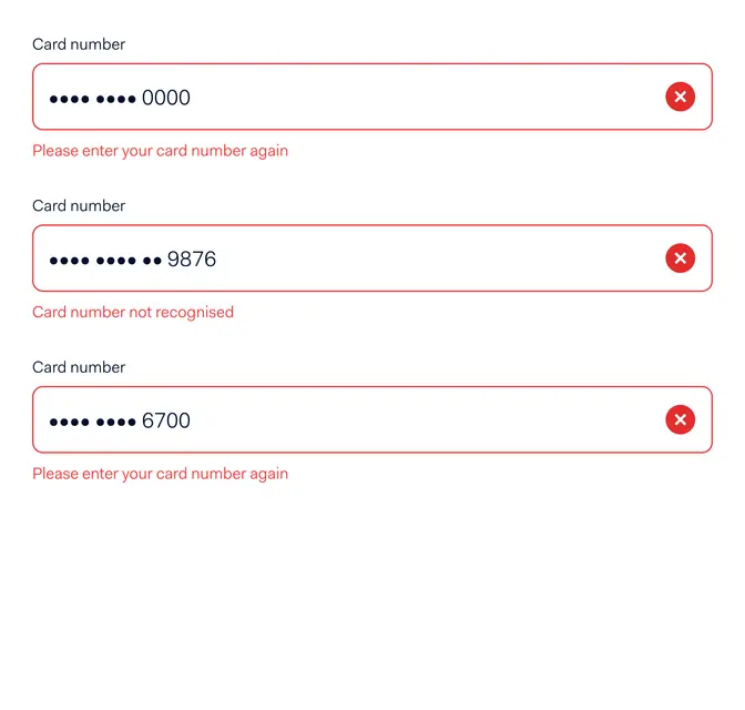 Multiple card number input attempts with error messages indicating invalid entries.