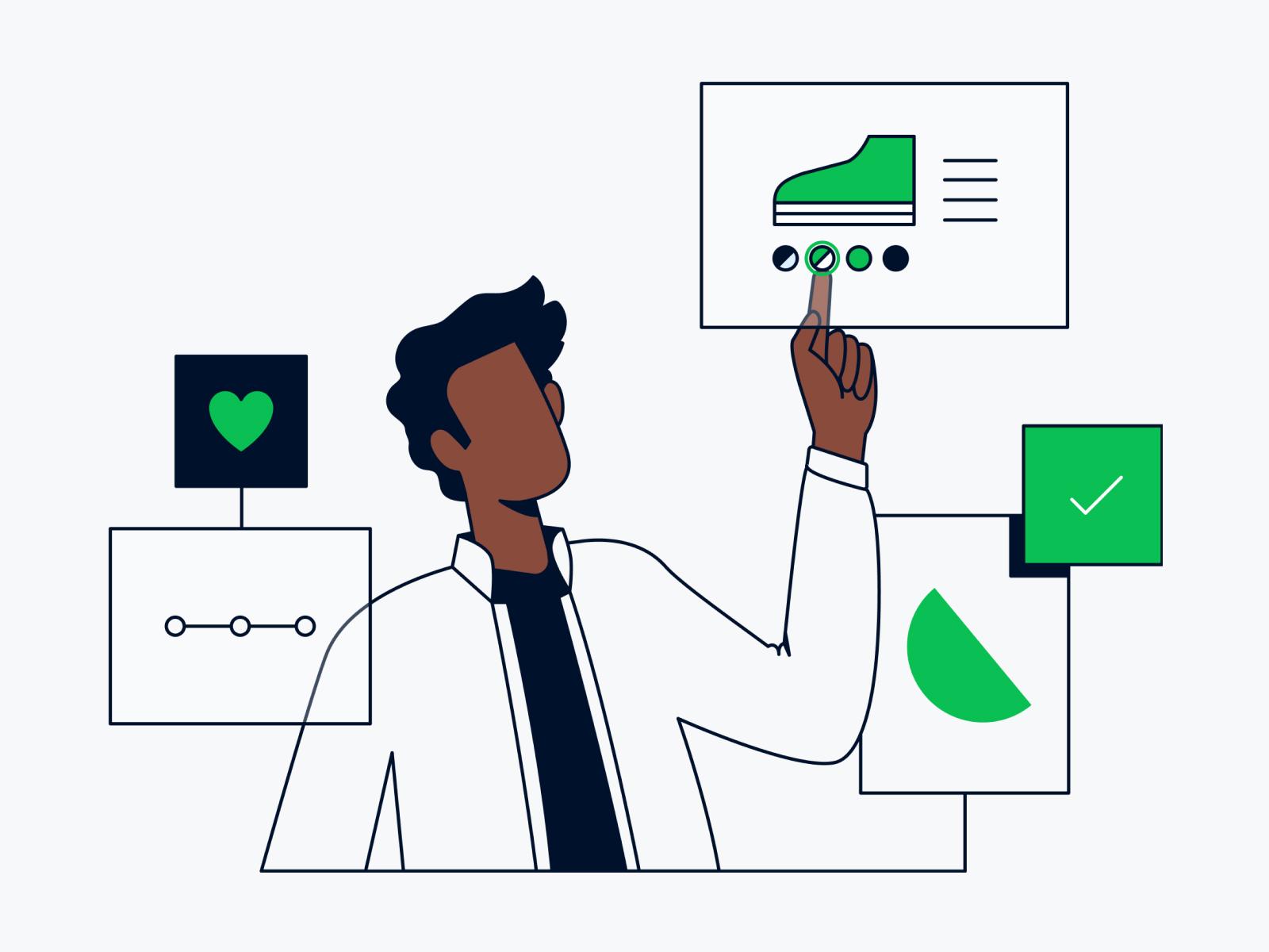 Ilustrowana osoba wskazująca na but na ekranie, z różnymi ikonami analitycznymi wokół.
