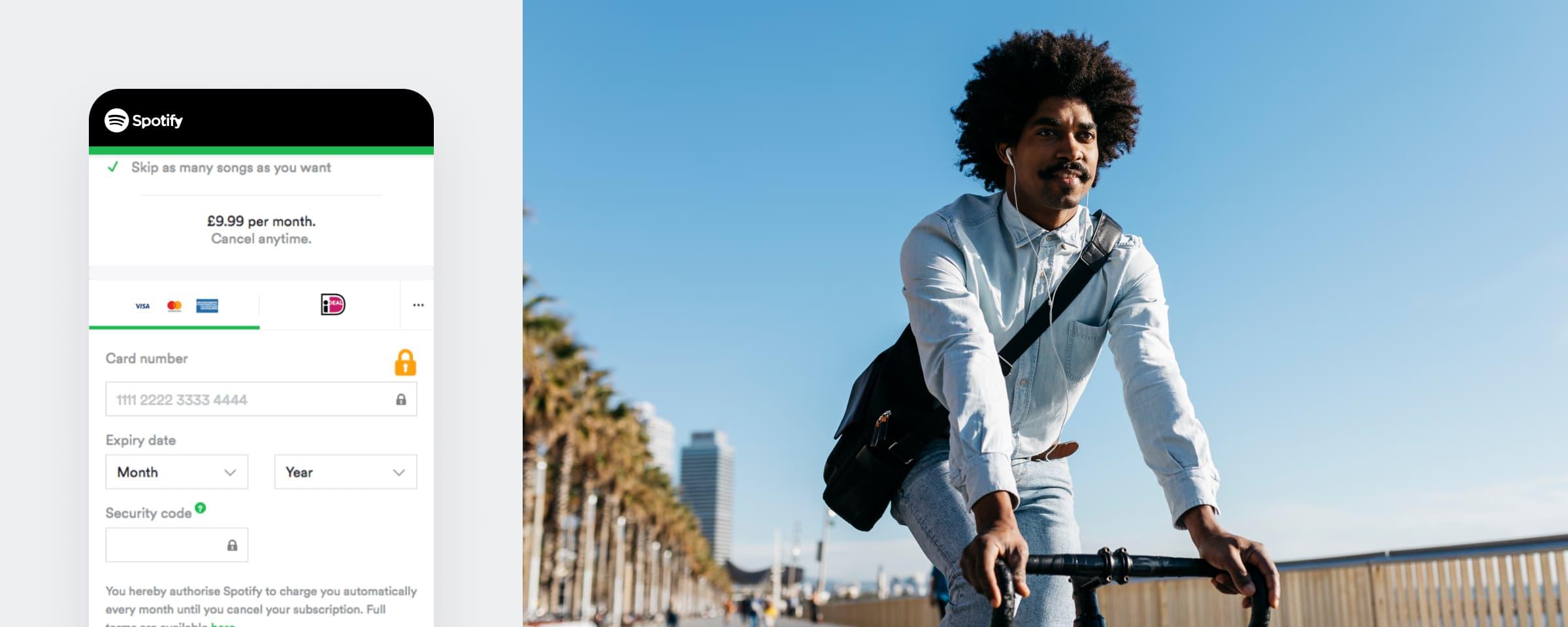 Man riding an electric scooter with an Adyen payment checkout interface showing Spotify subscription.