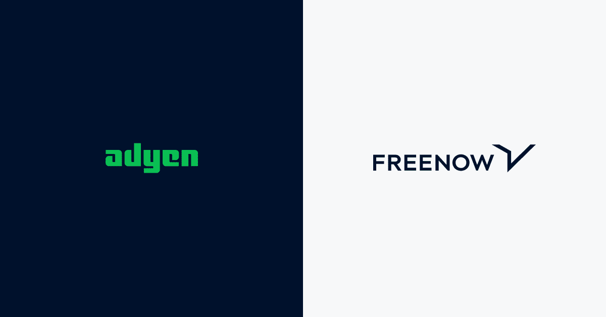Adyen and FREE NOW logos on dark background.