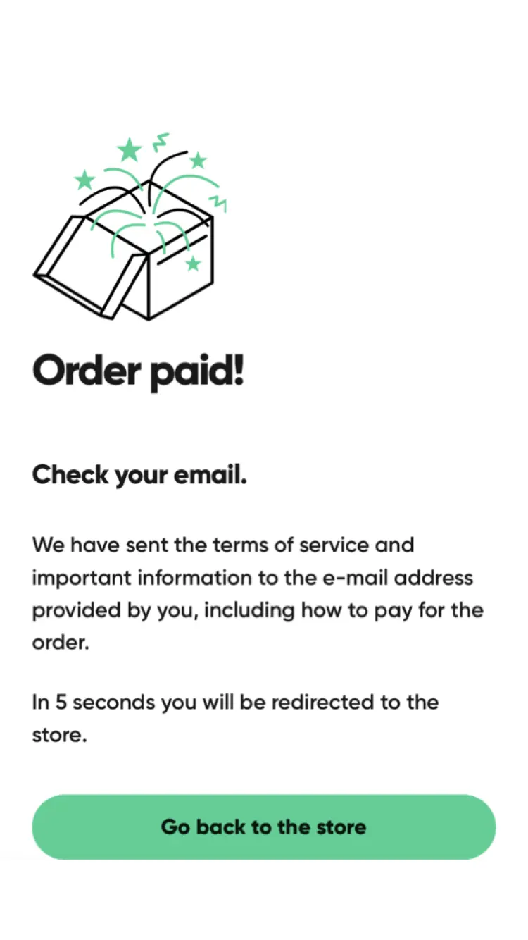Confirmation message with a sparkling open box graphic indicating an order has been paid.
