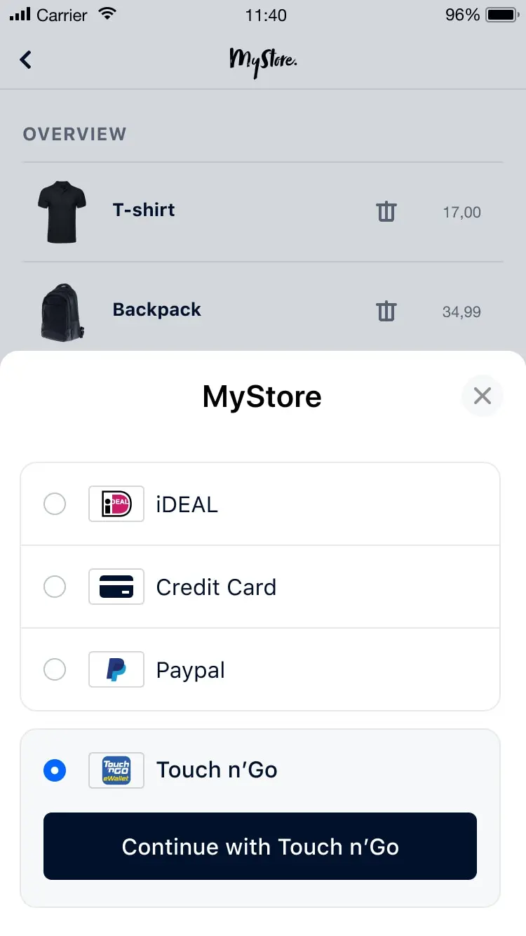 Mobile screen showing an online store checkout page with payment options including iDEAL, credit card, Paypal, and Touch n'Go.