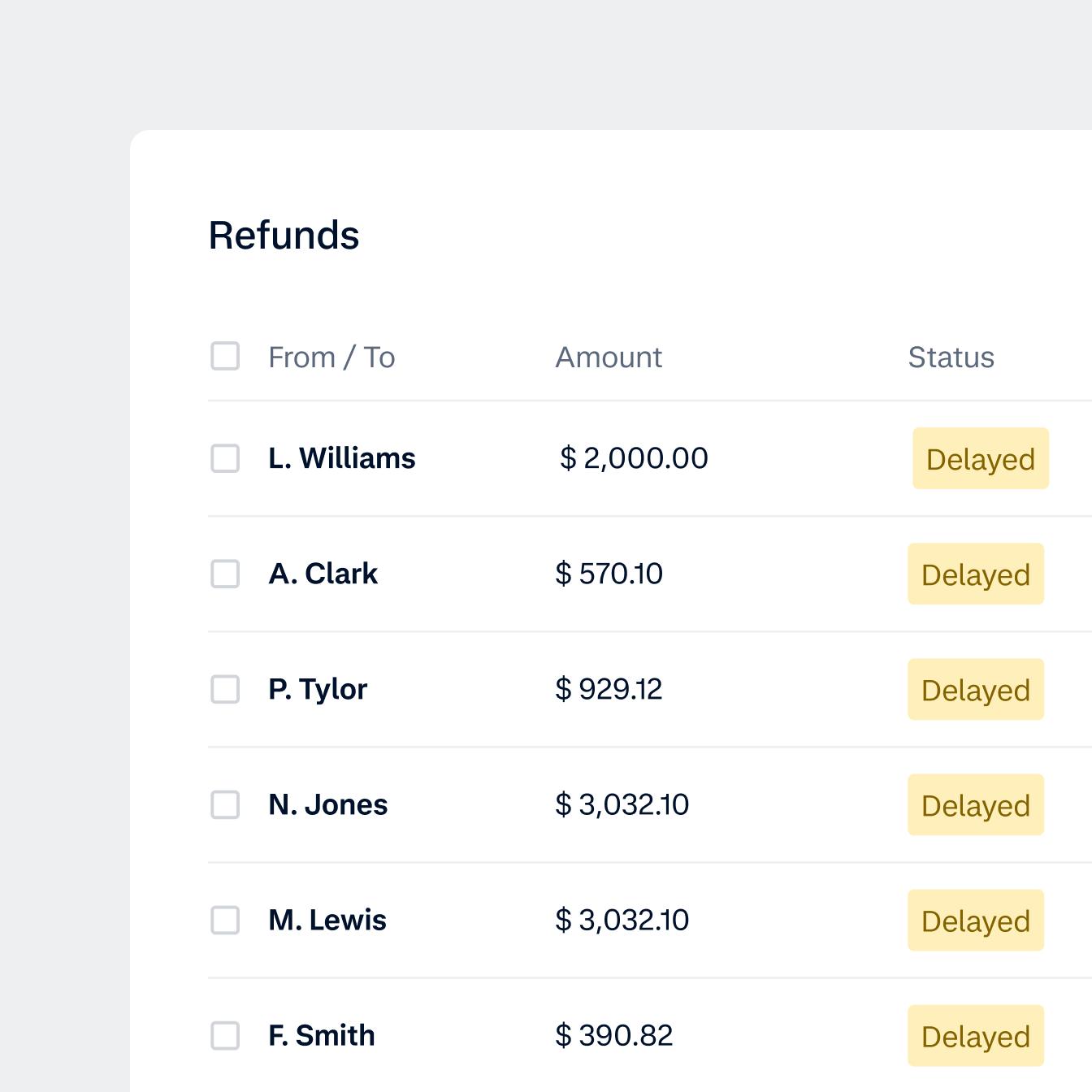 UI screen about refunds and delayed statuses for Index Hospitality