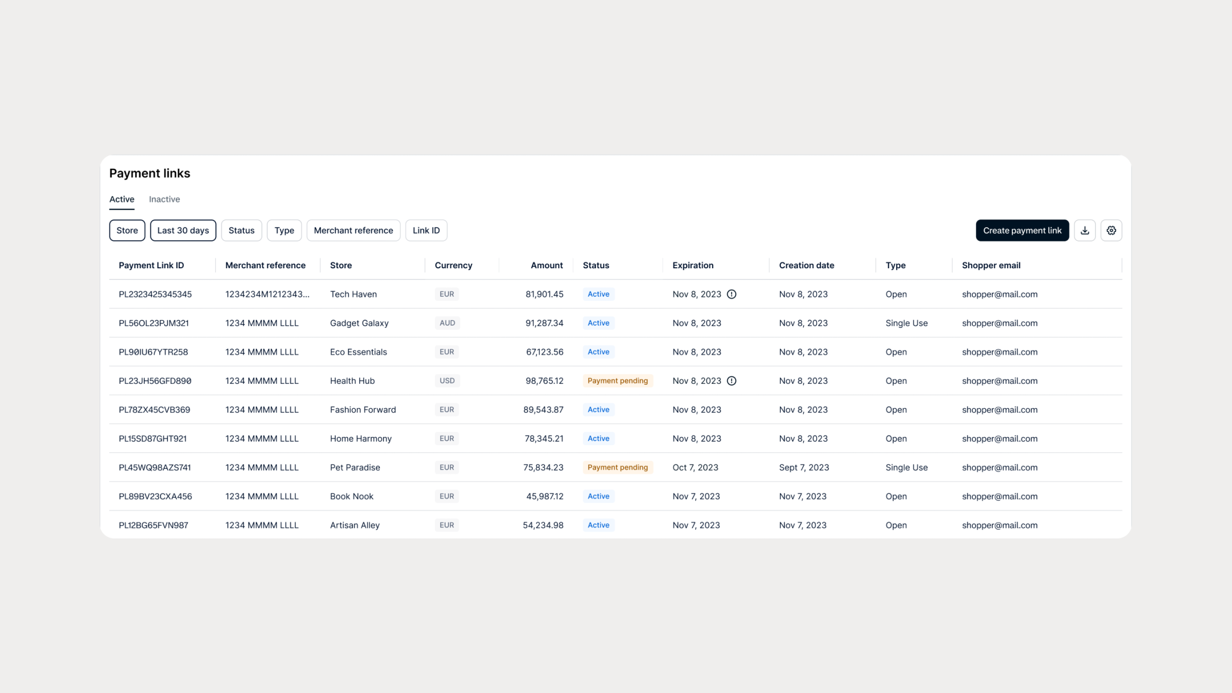 Screenshot of a payment links dashboard showing transaction details and status.