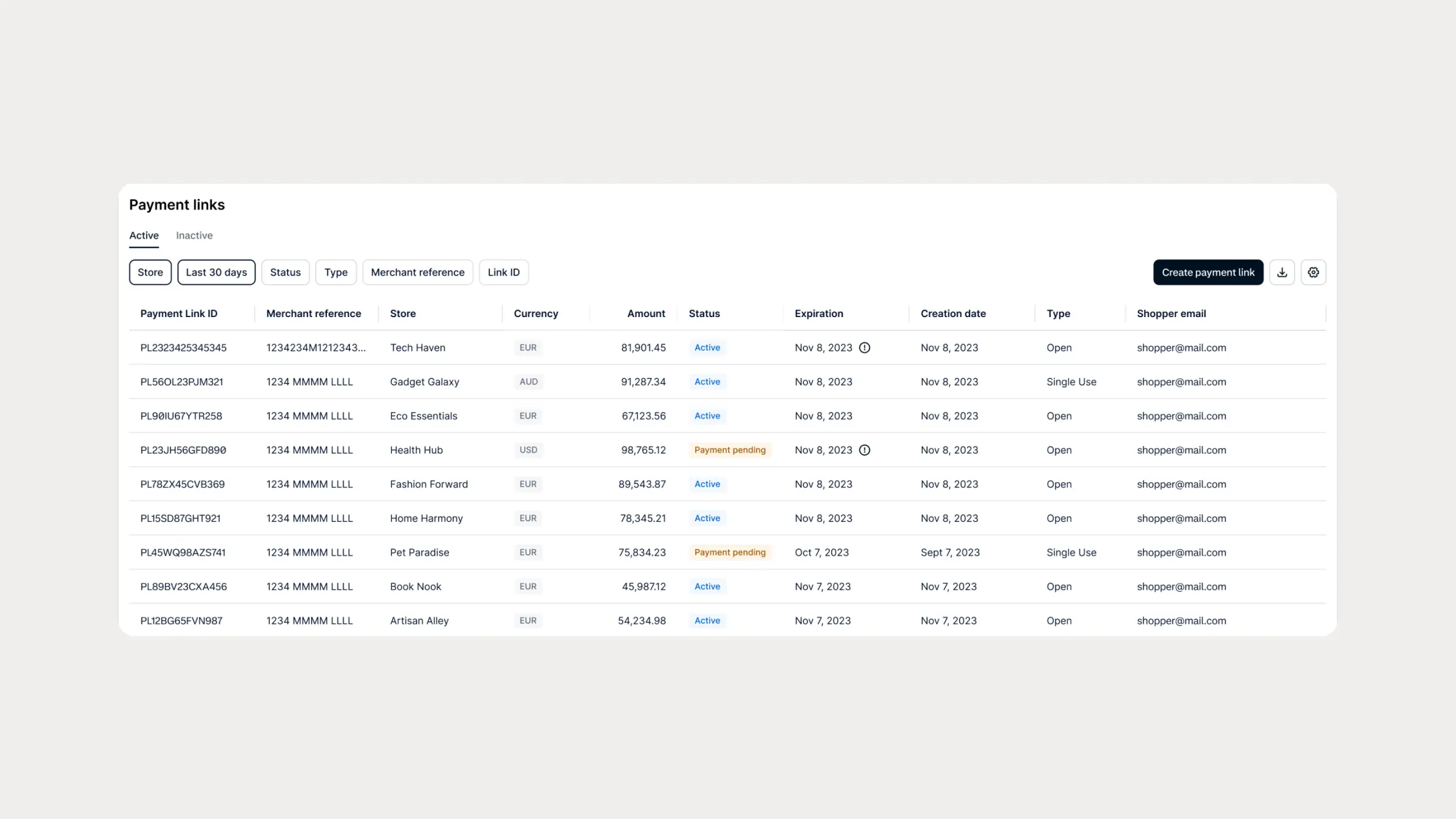 Screenshot of a payment links dashboard showing transaction details and status.